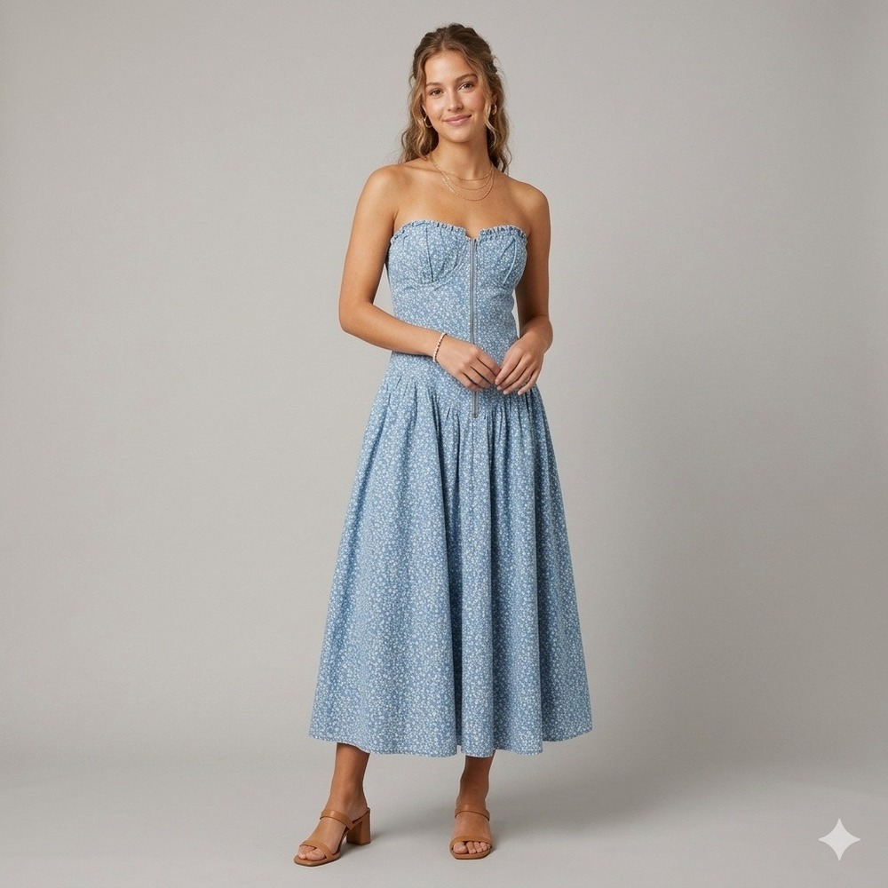 Vintage Foxy Lady San Francisco Blue Floral Corset Strapless Midi Dress Sz 13/14